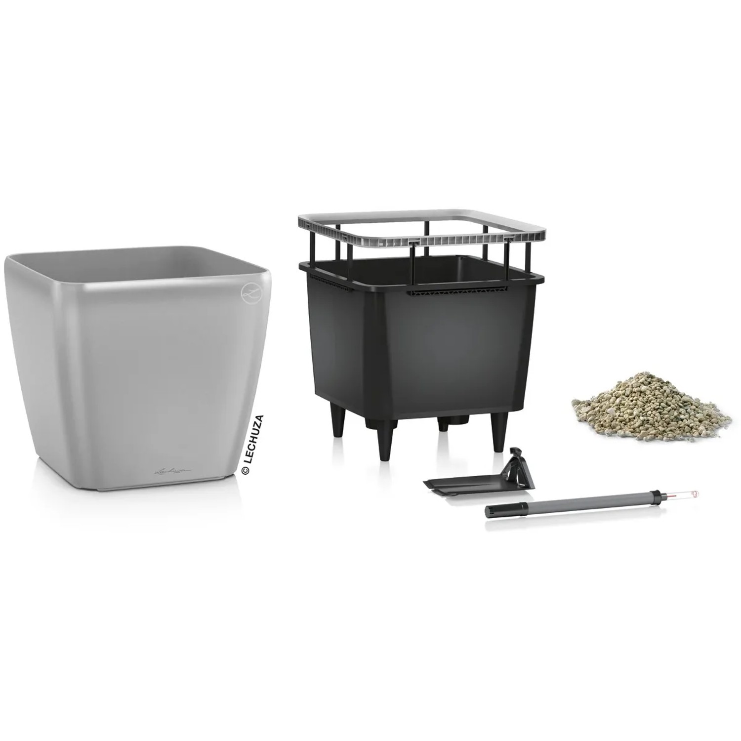 Lechuza Quadro Premium LS Pflanzgefäß, 35 cm, Silber metallic, mit Pflanzeinsatz und Zubehör.