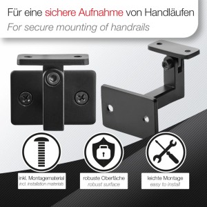 SOTECH Handlaufhalter, schwarz pulverbeschichtet, verstellbar für eckige Handläufe. Ideal für Treppen & Geländer.