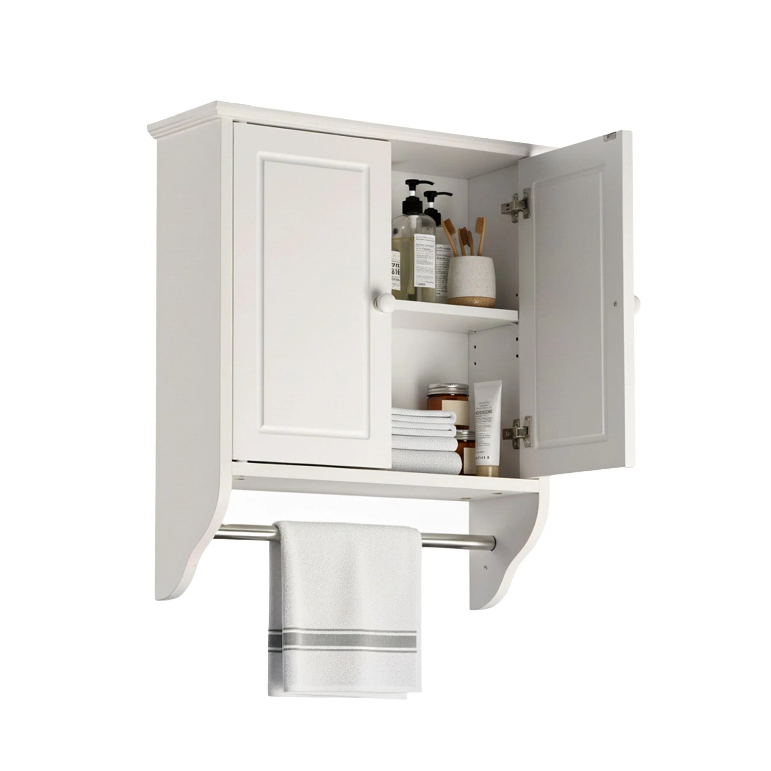 Relaxdays Bad Hängeschrank MDF Edelstahl Weiß Mit Handtuchstange 55 cm x 48 cm x 16 cm 5,4 kg
