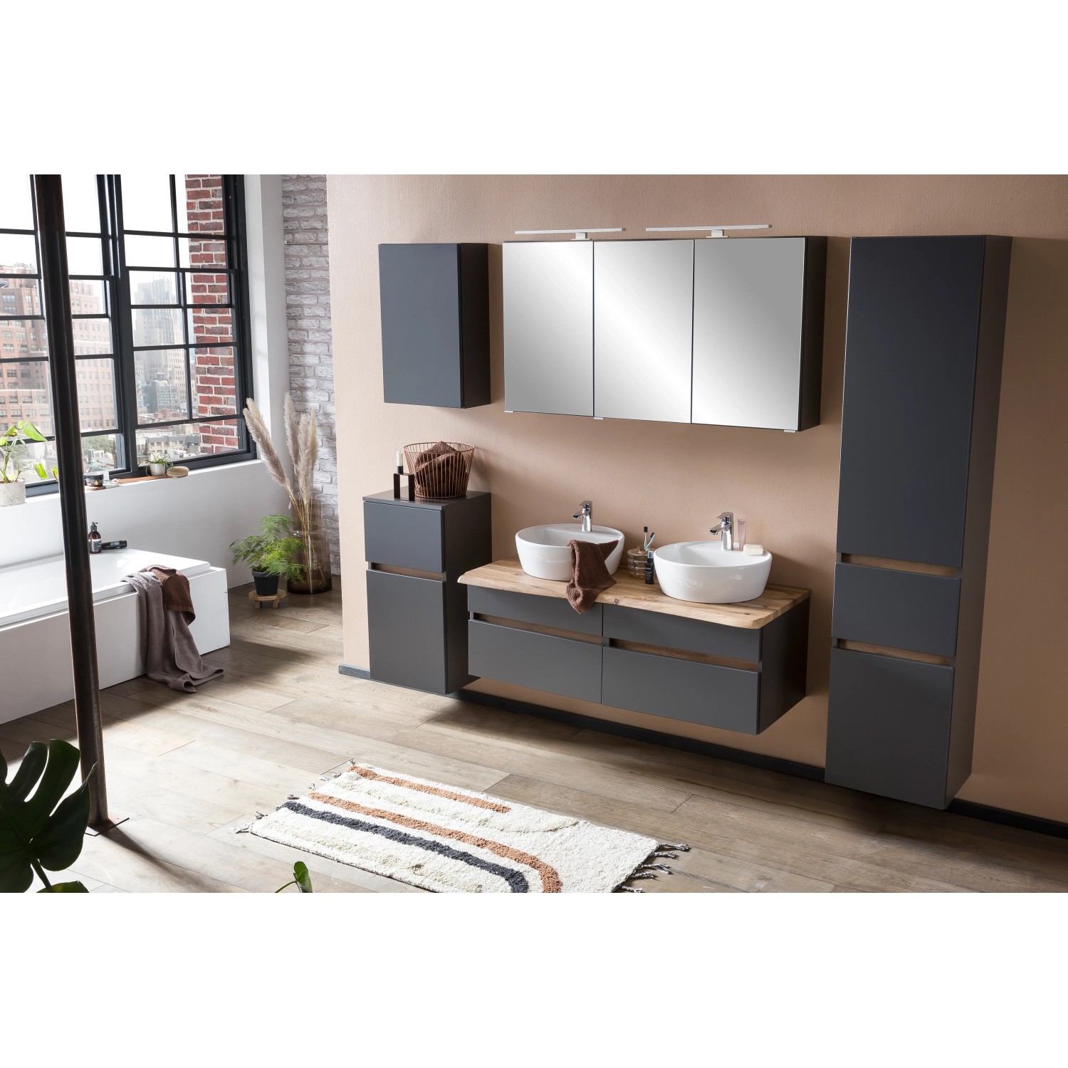 Held Möbel Doppelwaschtisch-Set Trient, 120 cm, matt Grau-Wotaneiche mit Aufsatzbecken.