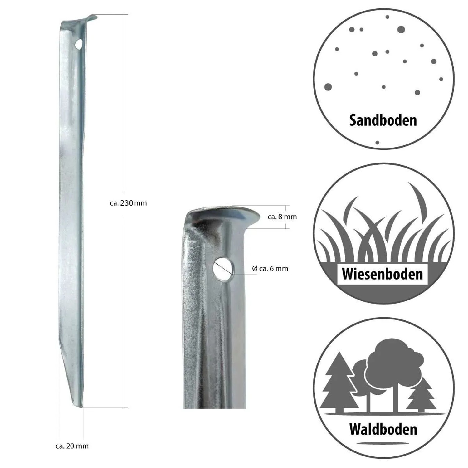 AMANKA XL Zelt-Hering aus verzinktem Stahl, silberfarben, 230mm V-Form mit Haken & Loch, für Sand-, Wiesen- & Waldboden.