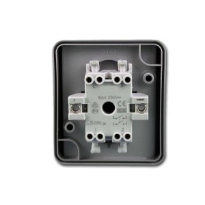 Grauer TEM Fontana 2-poliger Schalter mit schraublosen Steckklemmen für AP-Montage. Ideal für Feuchträume und Außenbereiche, IP44.