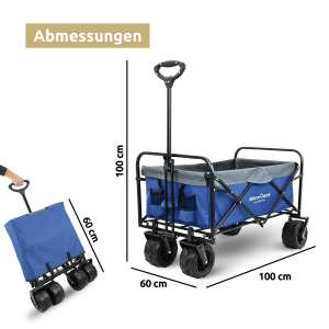 deluxe4home Bollerwagen in Blau-Grau mit breiten Reifen und Maßangaben.