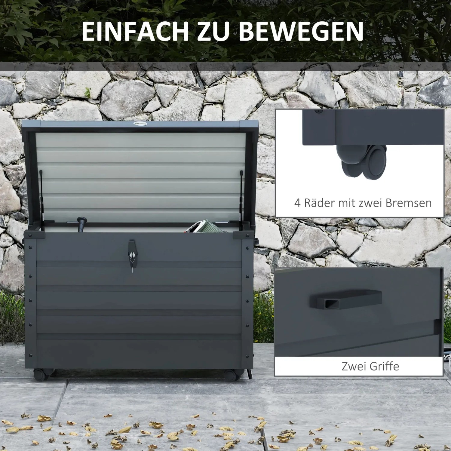 Outsunny Gartenbox mit Rollen, dunkelgraue Aufbewahrungskiste mit Rädern und Griffen.