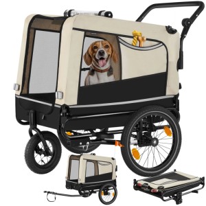 Beiger Tectake Hundeanhänger Woofrider, multifunktional und faltbar, mit Hund darin.