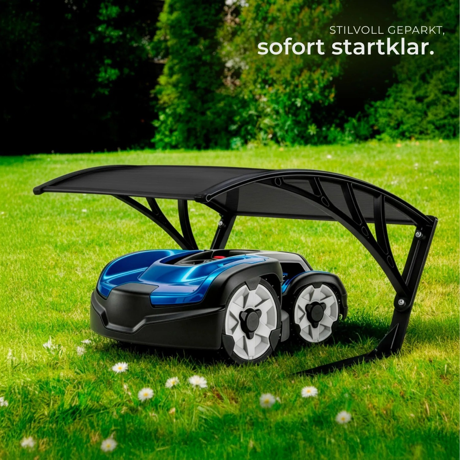 Tectake Rasenmäher Roboter Garage Domus mit Rasenmäher Roboter auf Rasen.