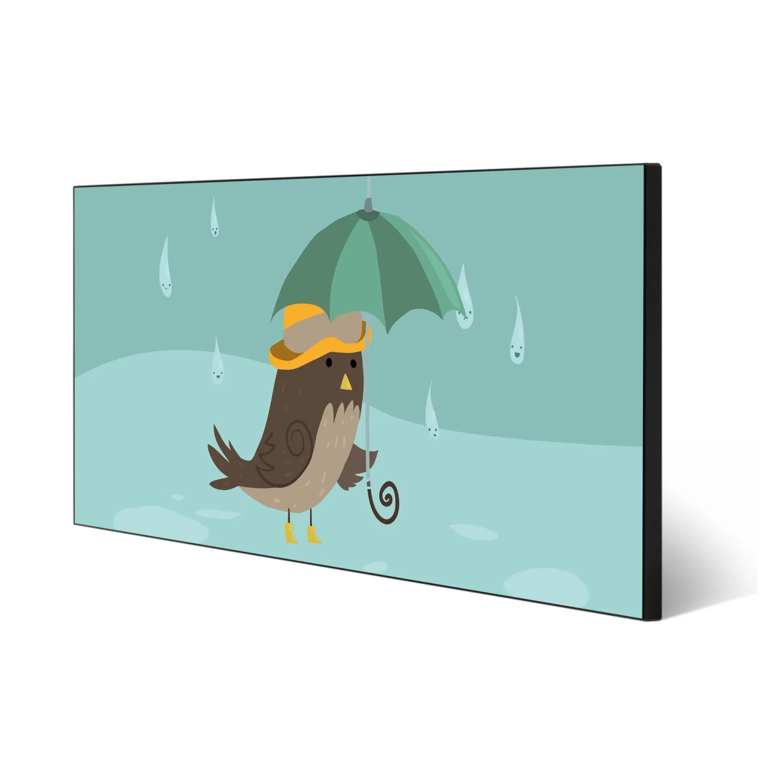 Magnettafel Rainbird: Schwarze Magnetwand 78x37cm mit Vogel, Schirm und Regentropfen Motiv.