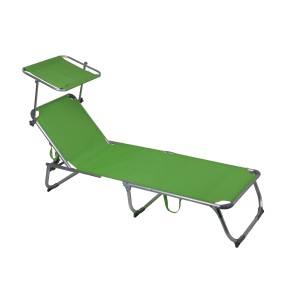 Grüne Garden Pleasure Sonnenliege Kiso mit Sonnendach und silbernem Gestell.