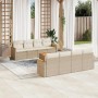 Beige 9-teilige Garten-Sofagarnitur aus Poly Rattan mit Kissen. Modulare Gartenmöbel für Terrasse und Garten.
