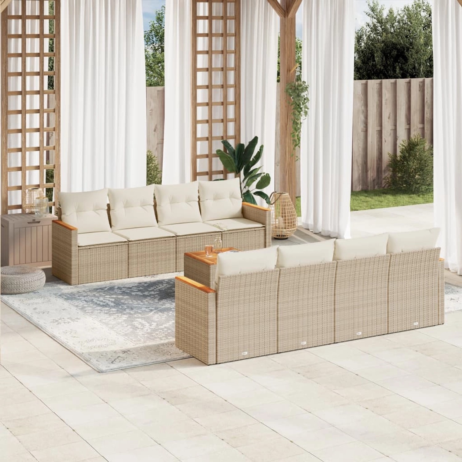Beige 9-teilige Garten-Sofagarnitur aus Poly Rattan mit Kissen. Modulare Gartenmöbel für Terrasse und Garten.
