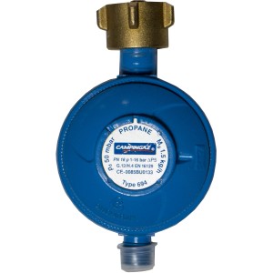 Blauer Gasregler 1,5 kg/h, 50 mbar für Campingkocher und Gasgrills.