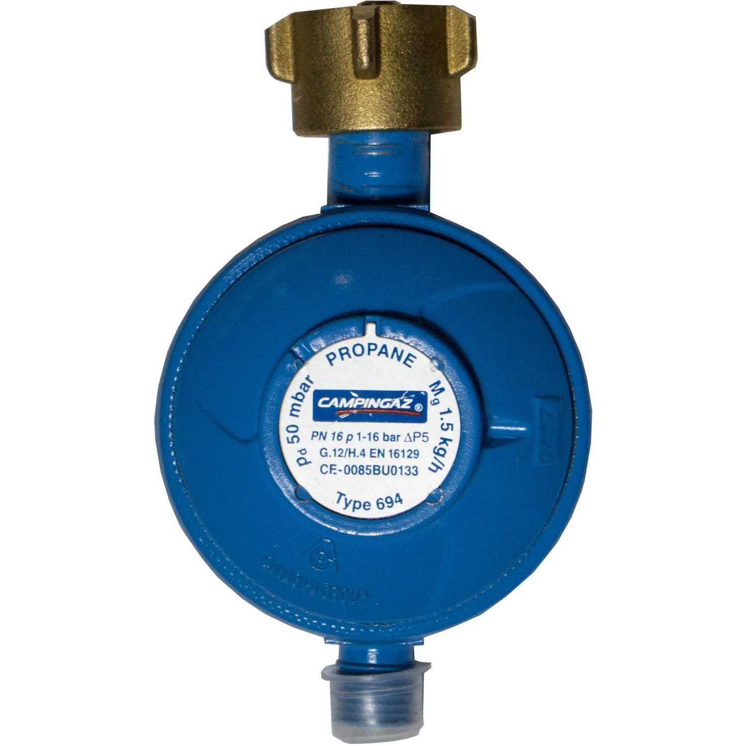 Blauer Gasregler 1,5 kg/h, 50 mbar für Campingkocher und Gasgrills.