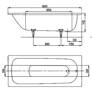 Technische Zeichnung Kaldewei Saniform Plus Rechteck-Badewanne, Maße 160x70 cm.