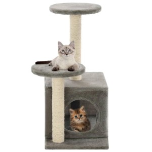 Grauer vidaXL Katzenbaum (60 cm) mit Sisal-Säulen und zwei Katzen.