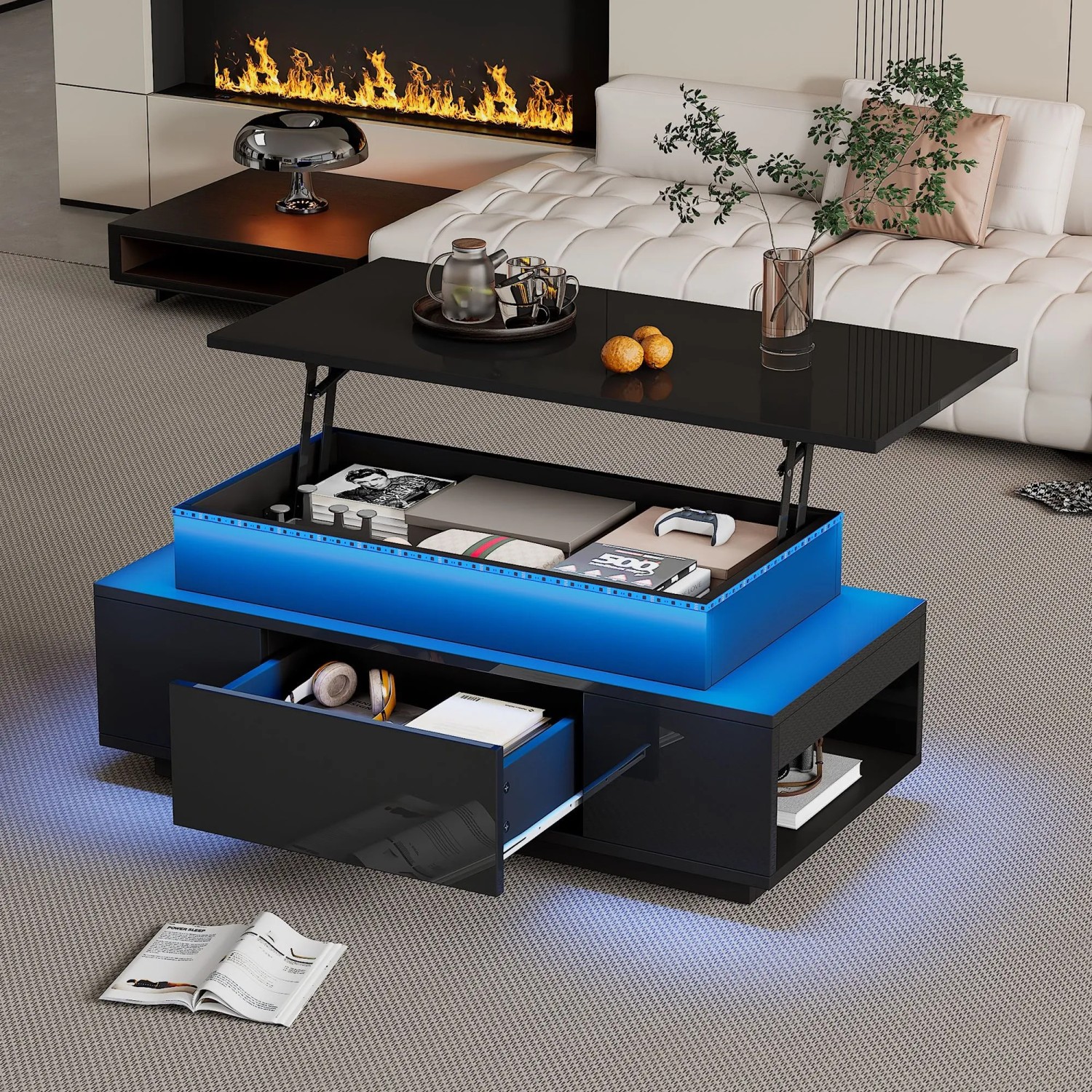 Merax Couchtisch Höhenverstellbar Mit Stauraum Schublade LED Hochglanz Schwarz