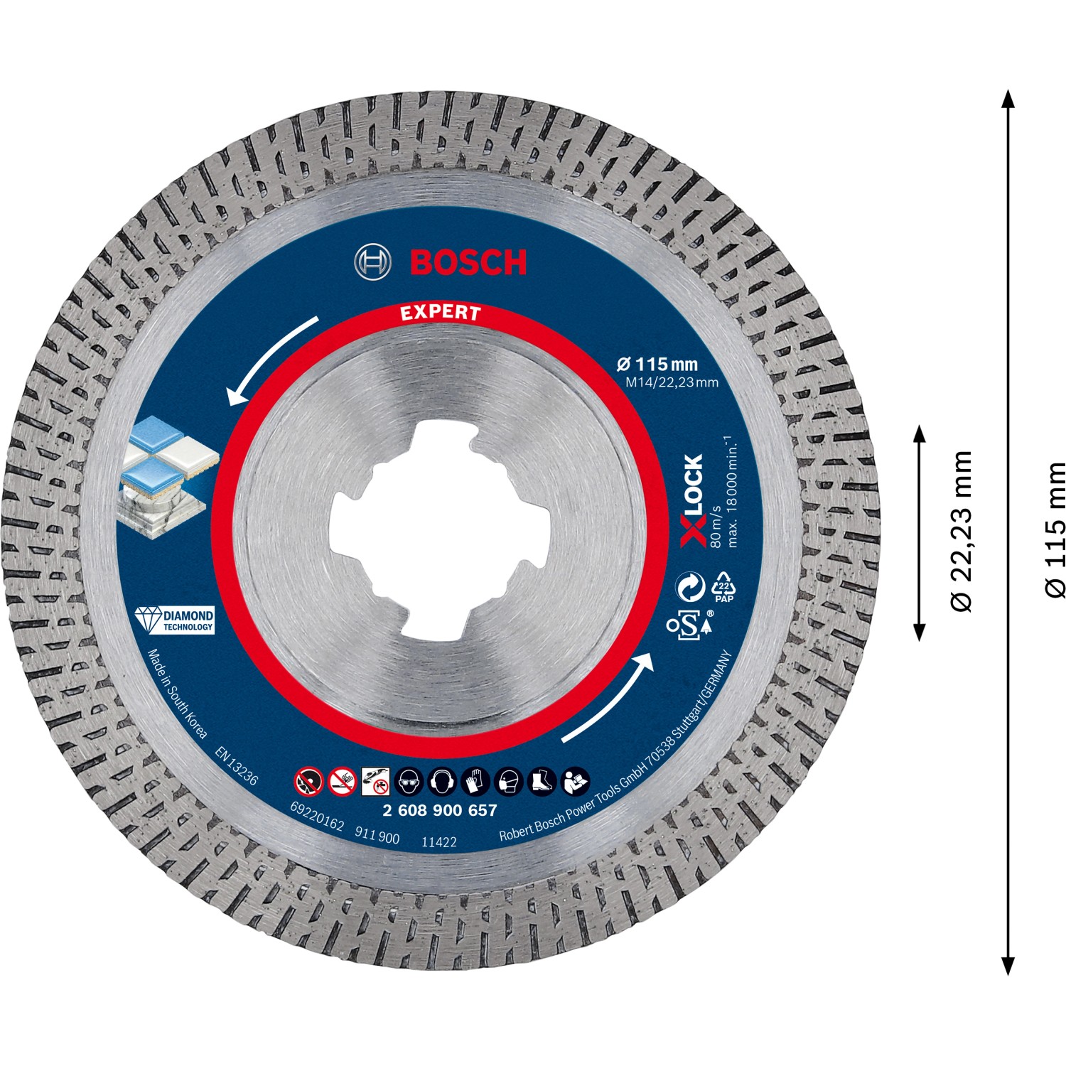 Bosch Expert Diamanttrennscheibe X-Lock, 115mm für Winkelschleifer, zum Schneiden von Hartkeramikfliesen.