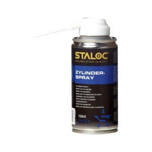 Staloc Zylinder-Spray 150 ml, blaue Dose mit weißem Sprühkopf und Düse für Schließzylinder-Wartung.