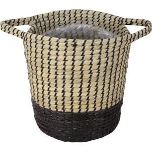 Natur-schwarzer Pflanzkorb aus Seegras, Ø 33 cm, mit Griffen. Ideal als Übertopf.