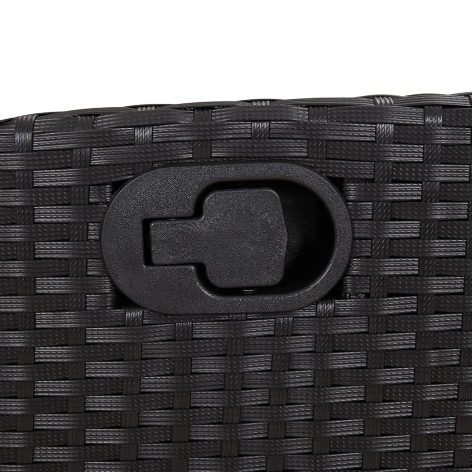 Detailaufnahme: Verstellbarer Griff am schwarzen Poly Rattan Gartenstuhl der vidaXL Essgruppe.