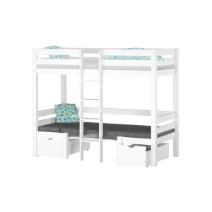 Erst-Holz Kinderetagenbett 90 x 200 cm mit Sitzbank und Tisch Weiß Kiefer Massiv Modell 22 mit Rollrost und Polster