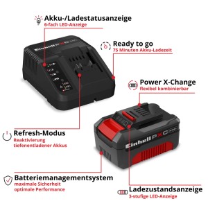 Einhell Power X-Change Starter-Kit: Schwarzer 18V 4Ah Akku und Ladegerät mit LED-Anzeigen für Elektrowerkzeuge.