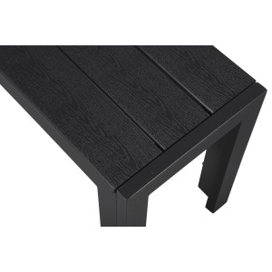 Detailansicht der schwarzen ebuy24 Ikky Gartenbank (132 cm) mit Holzoptik.