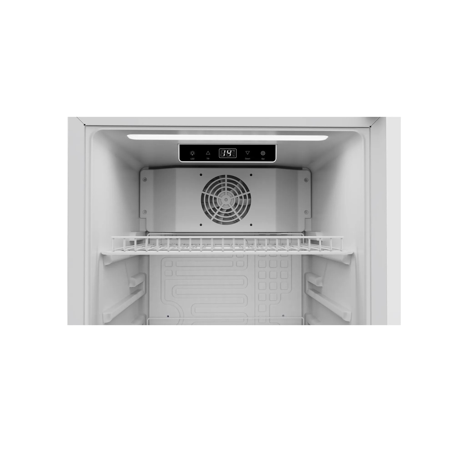 Innenansicht PKM Kühlschrank GKS83W: Umluftkühlung, Touch-Display, LED-Beleuchtung, Regalboden.