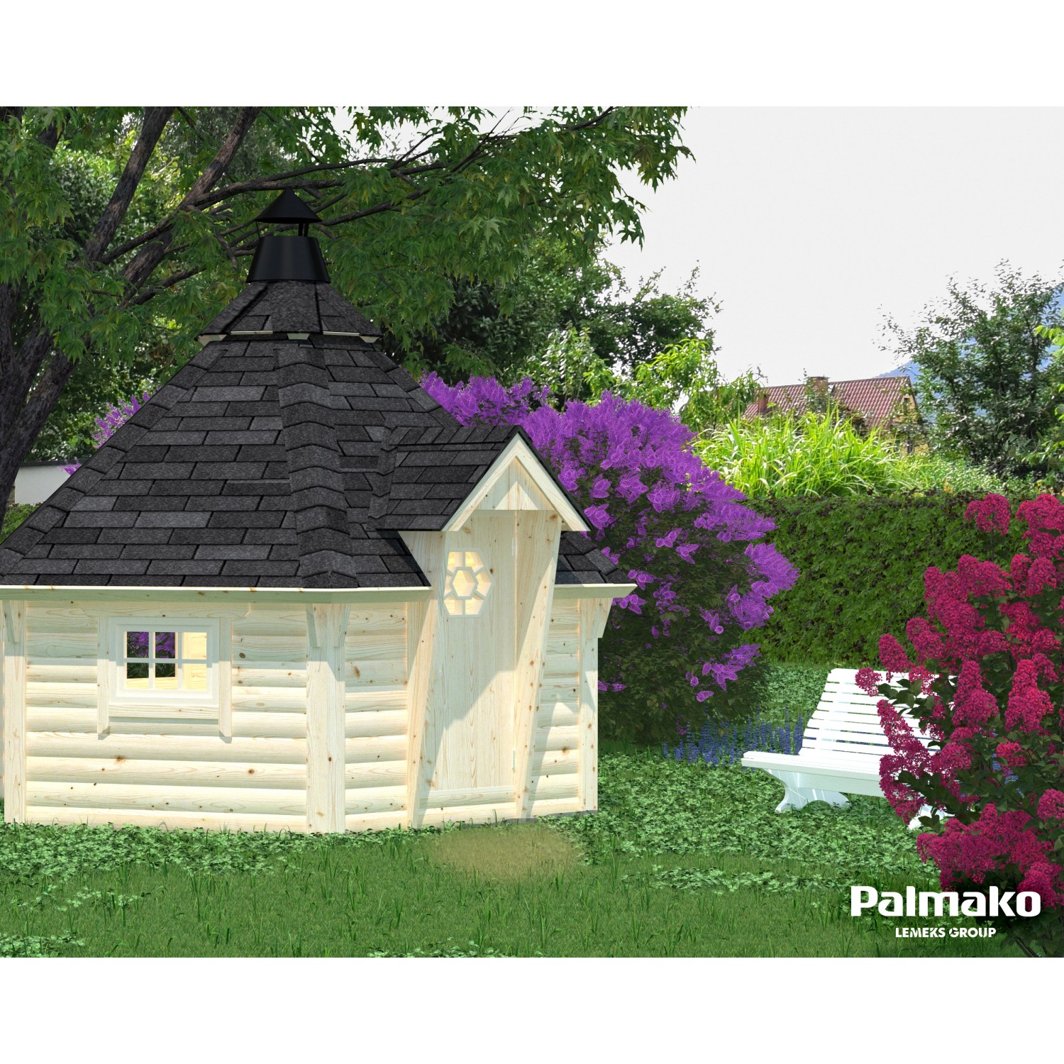 Palmako Grillkota Eva, tauchgrundiert, 376x326cm. Holz-Gartenhaus mit Dach und Fenster.