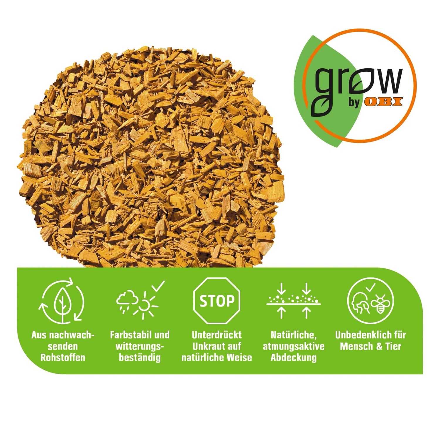 Gelber GROW by OBI Dekormulch Ahorn, zur Beetabdeckung und Unkrautvermeidung.