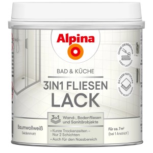 Dose Alpina Fliesenlack Bad & Küche 3-in-1, Baumwollweiß, für Wand-, Bodenfliesen und Sanitärobjekte.