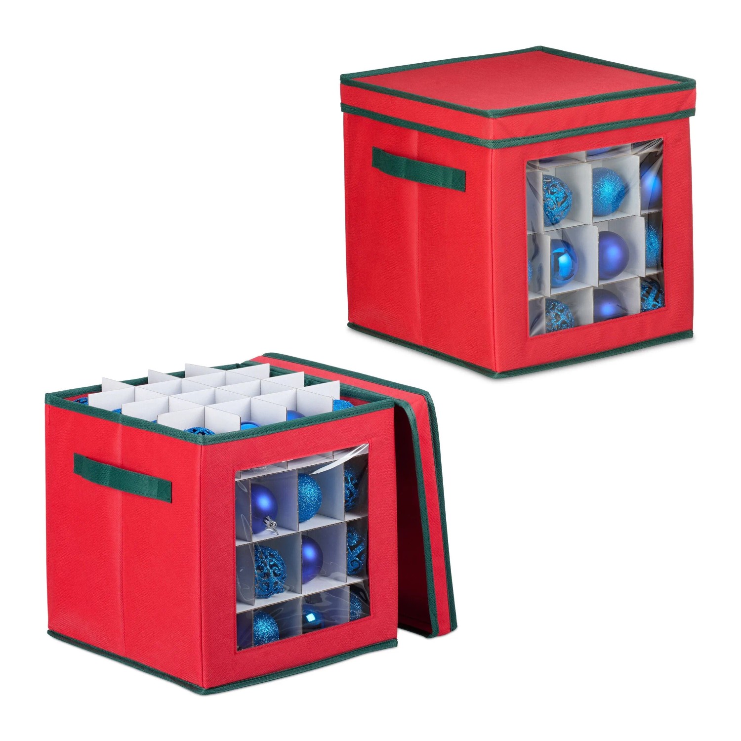 Relaxdays Weihnachtskugel-Aufbewahrungsbox Vliesstoff Rot Grün 2er Set Verstellbar mit Sichtfenster 33 cm x 32 cm x 32 cm 1,1 kg