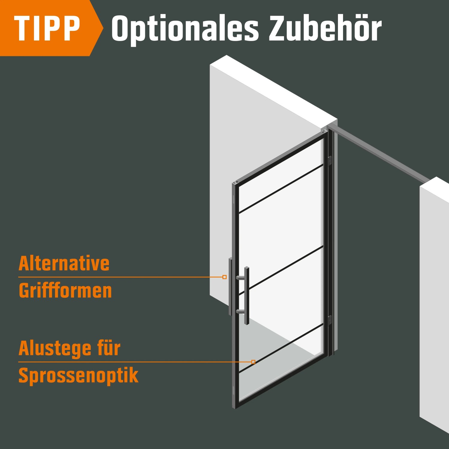 Loft+Mehr Drehtür-Set: Optionen wie Sprossen und alternative Griffe für die Glastür.