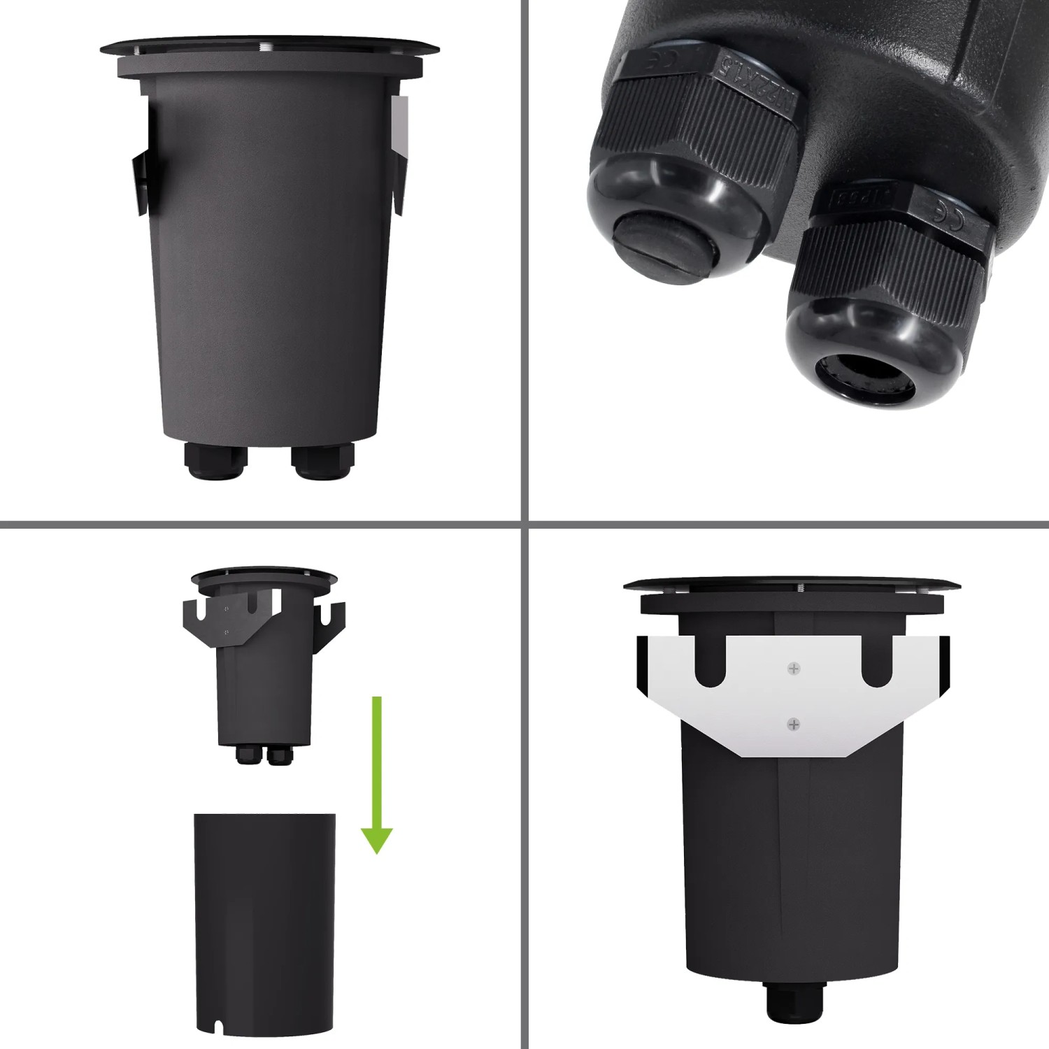 Schwarze SSC-LUXon Juavi LED Bodeneinbauleuchte, IP67, warmweiß, befahrbar, verschiedene Ansichten.