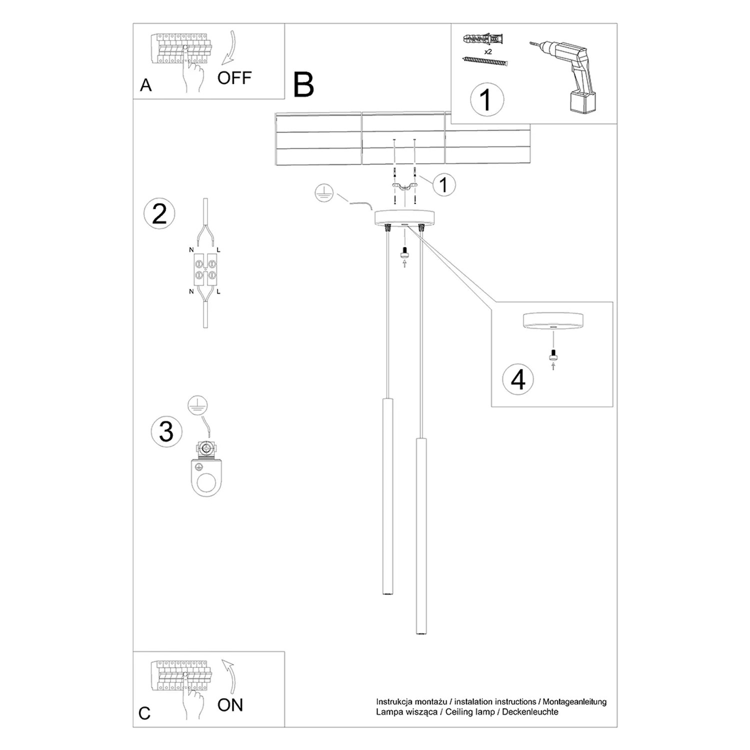 Montageanleitung für Sollux Pastelo 2 Pendelleuchte Schwarz, Details zur Installation der Lampe.