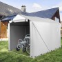 Silbergraues Costway Garagenzelt 160x218x164 cm auf Rasen. Wetterfester Unterstand für Fahrräder oder Geräte, Zubehör für Carports.