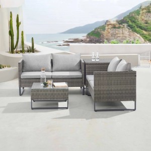 Graue Svita Kansas Rattanlounge Gartenmöbel Set mit Sofa, Tisch und Kissenbox.