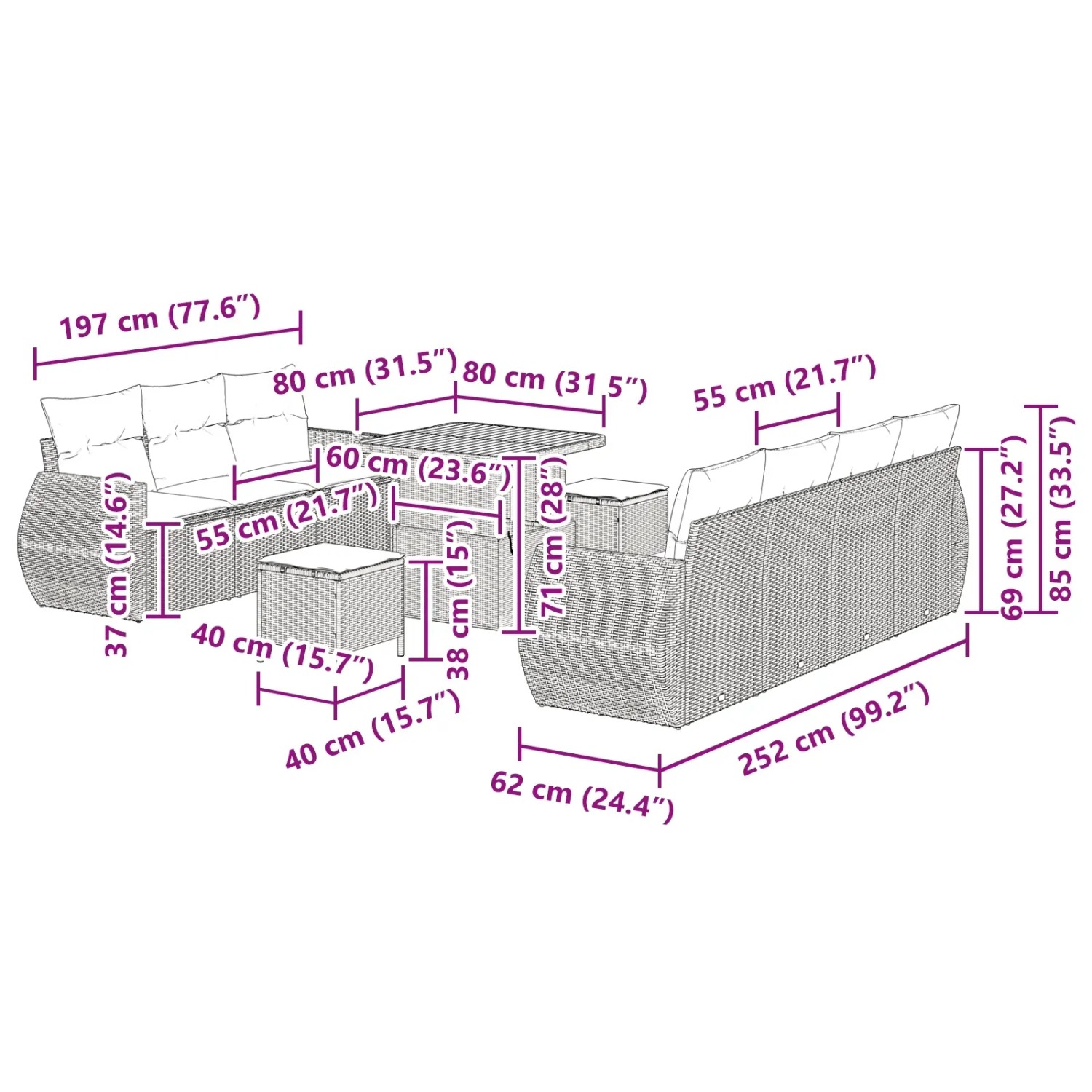 vidaXL Gartenmöbel Set, 10-teilig, grau, Poly Rattan, mit Maßen. Ideal für Terrasse und Garten.