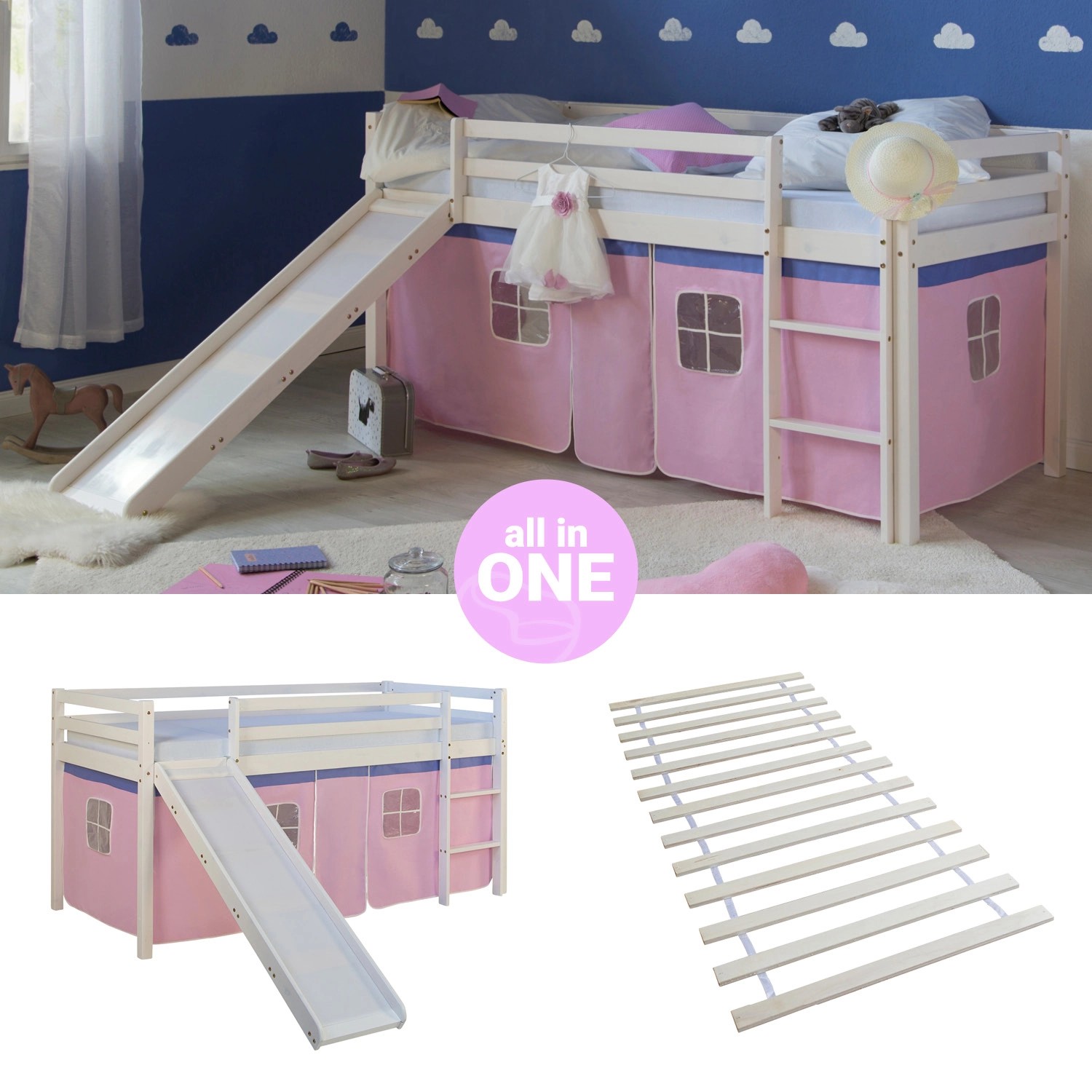 Thumbnail - Homestyle4u Hochbett 90x200 mit Vorhang Lattenrost und Rutsche in Weiß 2552