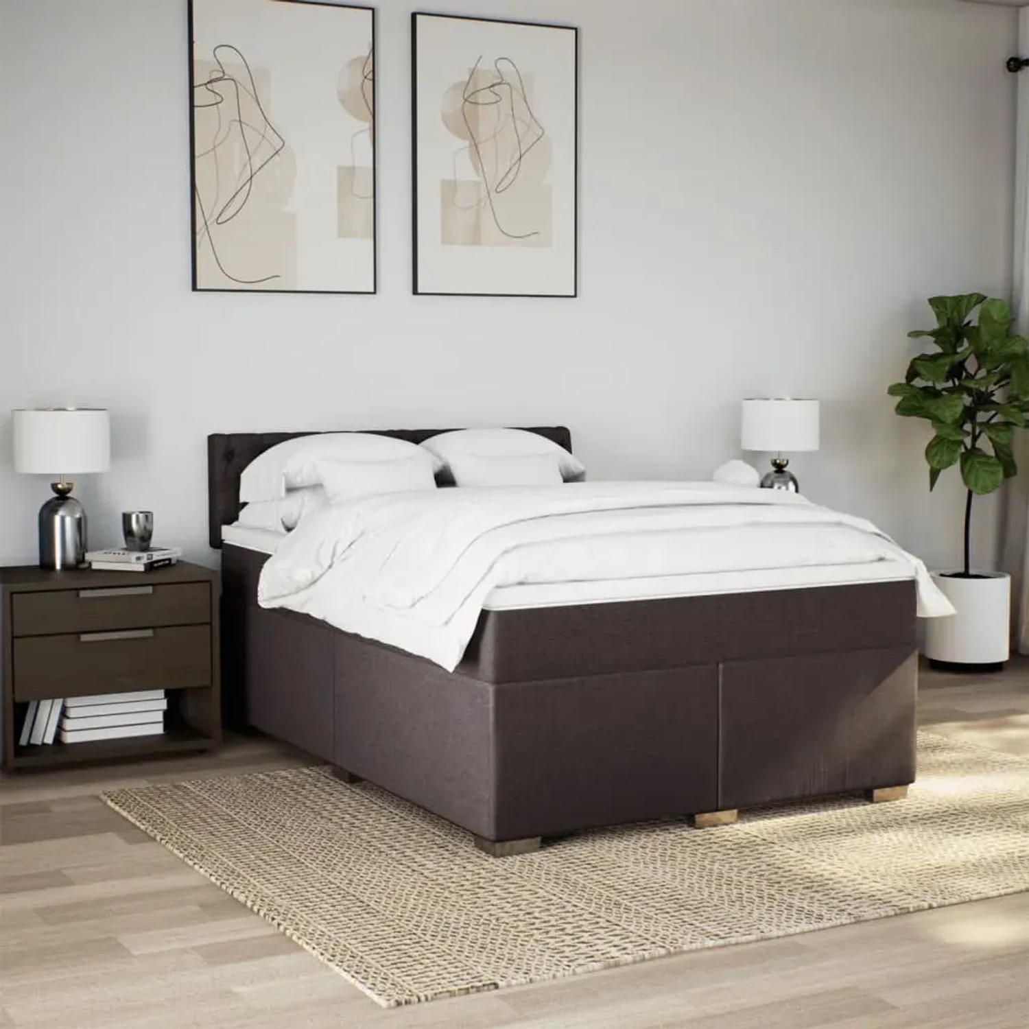 Dunkelbraunes vidaXL Boxspringbett 160x200 cm mit Matratze und Kopfteil im Schlafzimmer.