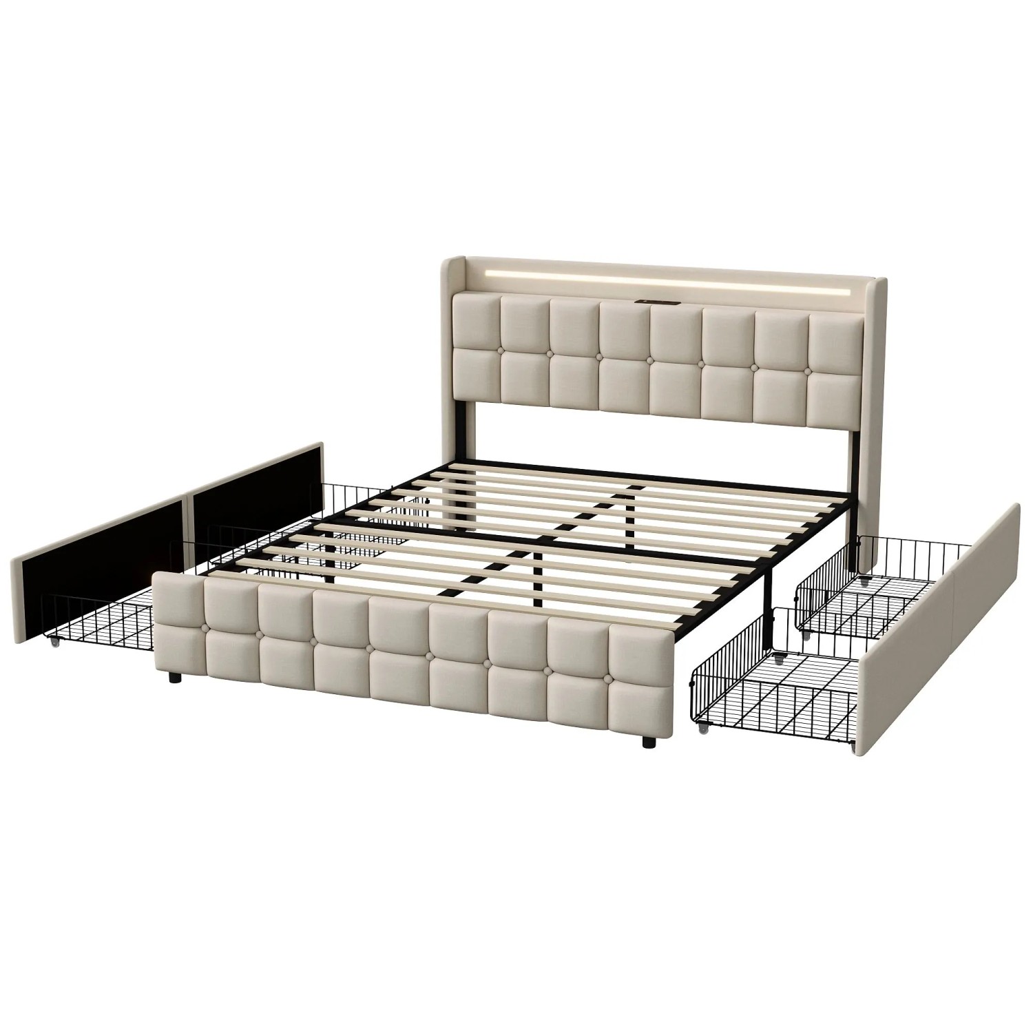 PXloue Doppelbett 160x200cm-Bett in Beige  mit Stauraum-Lattenrost aus Holz-Ohne Matratze