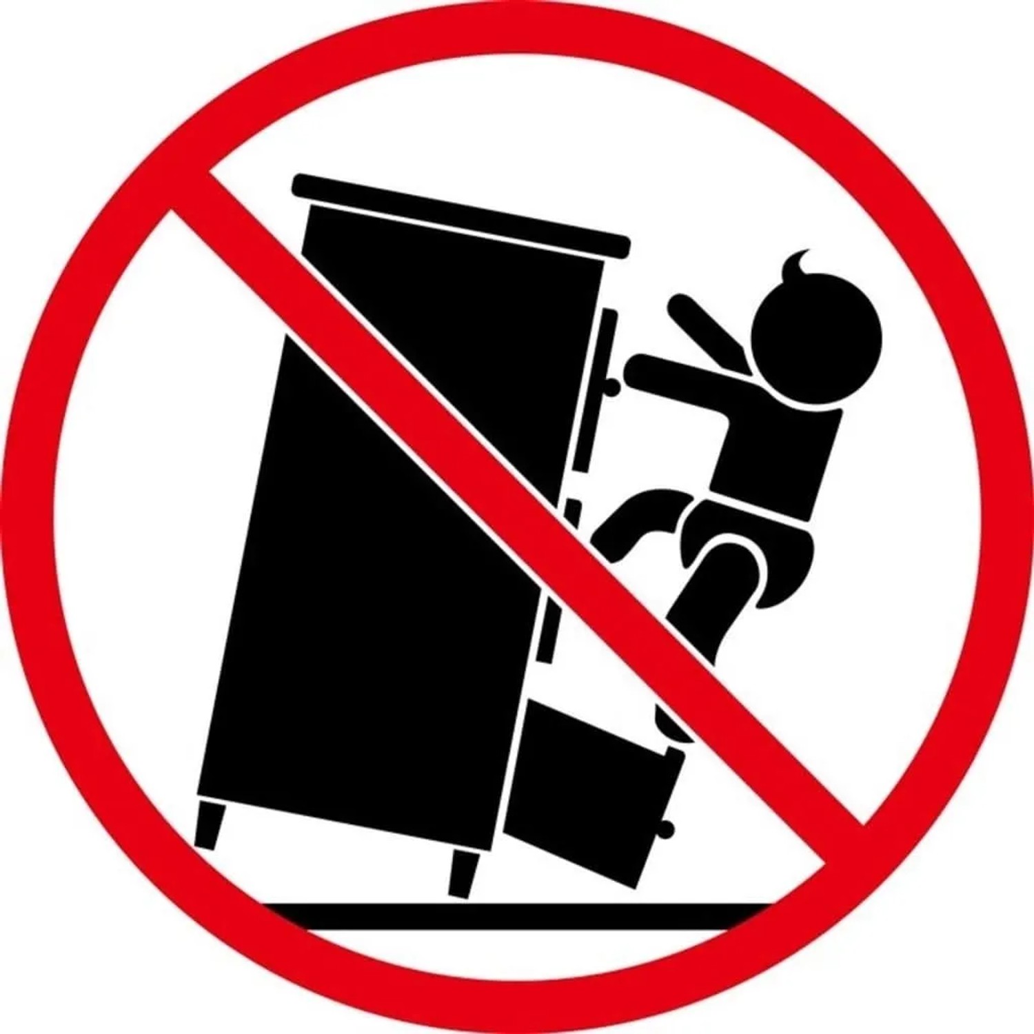 Symbol: Kippgefahr durch Waschbeckenunterschrank. Möbelstück nicht zum Klettern geeignet.