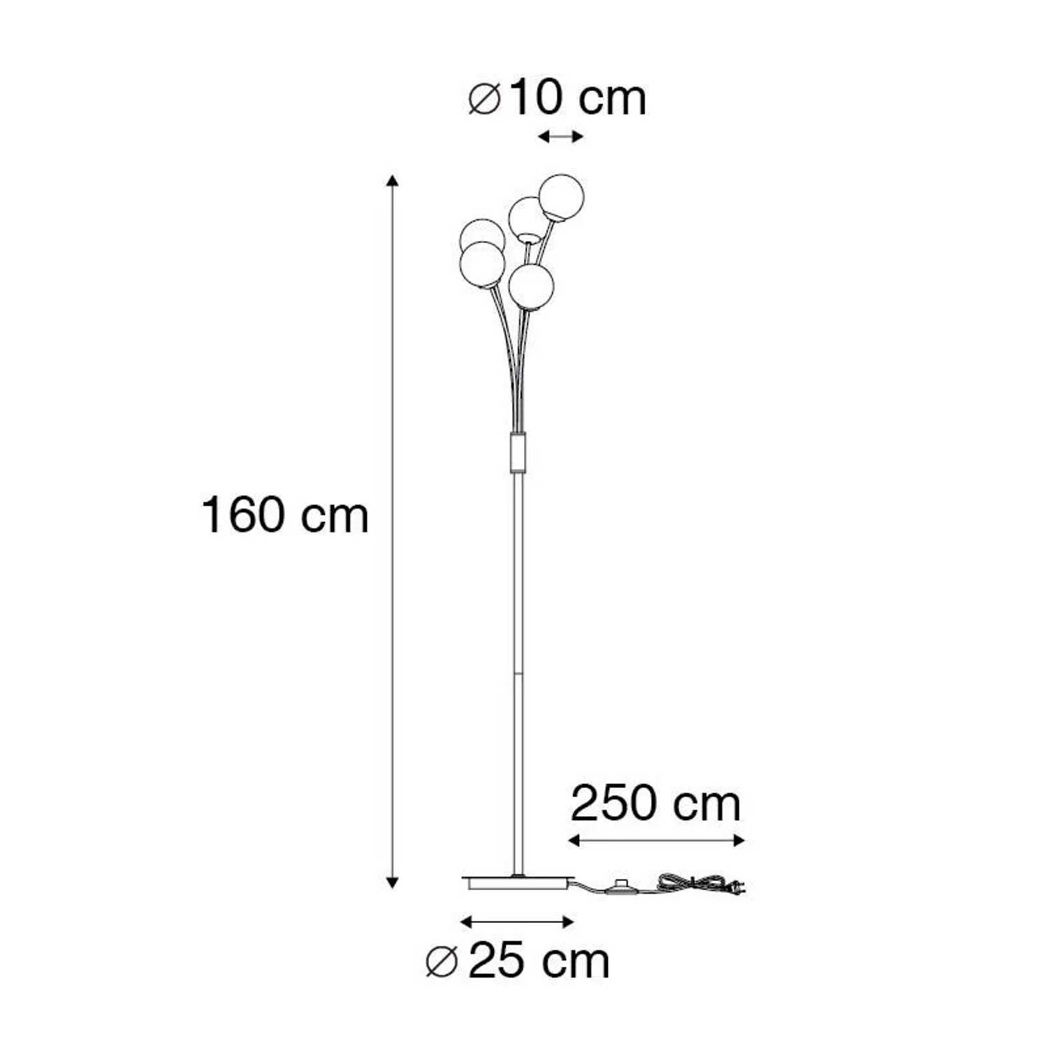 Moderne, schwarze Stehlampe mit 5 Rauchglas-Kugeln (je 10cm Ø), Höhe 160cm, Fuß Ø 25cm. Innenleuchte Athen von QAZQA.
