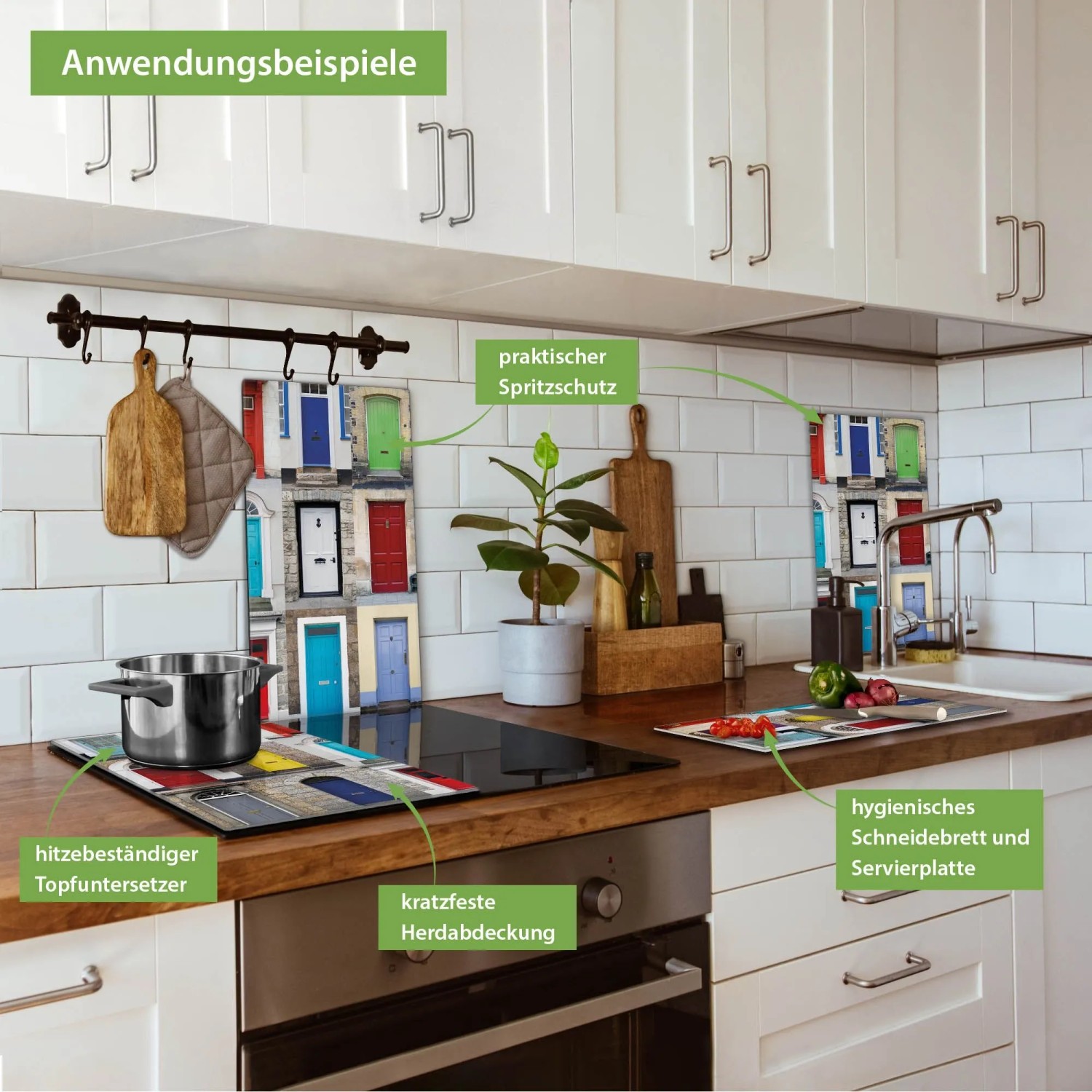 Banjado 2-teilige Herdabdeckung aus Glas mit Türen-Motiv als Schneidebrett und Spritzschutz.