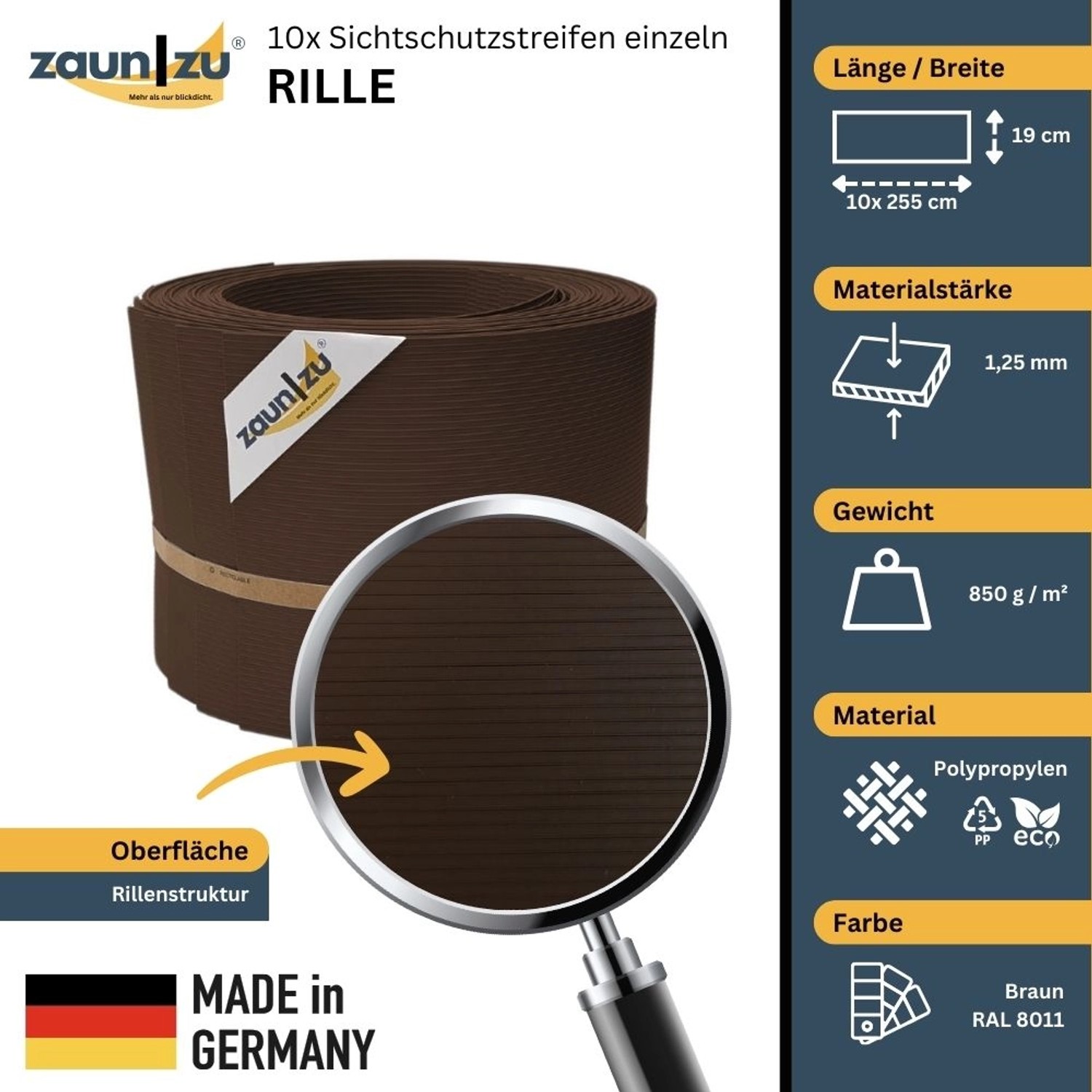 zaunzu Sichtschutzstreifen Rille, 10er Pack, braun, für Doppelstabmattenzaun.