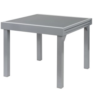 Quadratischer, silberner ib style Gartentisch Diplomat, ausziehbar von 90 auf 180 cm, mit Anti-Fingerprint-Glasplatte.