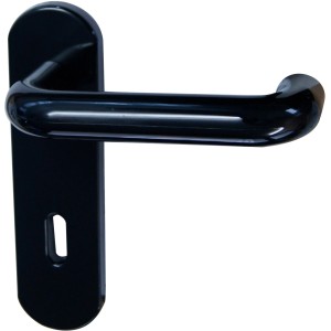 Schwarze Kurzschild-Garnitur aus Nylon für Zimmertüren mit Buntbart-Lochung.