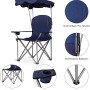 Blauer faltbarer Campingstuhl mit Sonnenschutz, Getränkehaltern und stabilem Stahlgestell für Garten & Outdoor.