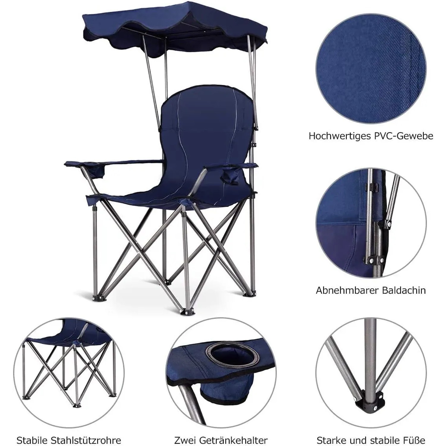 Blauer faltbarer Campingstuhl mit Sonnenschutz, Getränkehaltern und stabilem Stahlgestell für Garten & Outdoor.