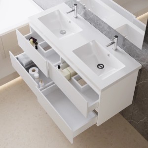AICA Waschtisch mit Unterschrank, 120 cm, weiß matt, mit zwei Waschbecken und offenen Schubladen.