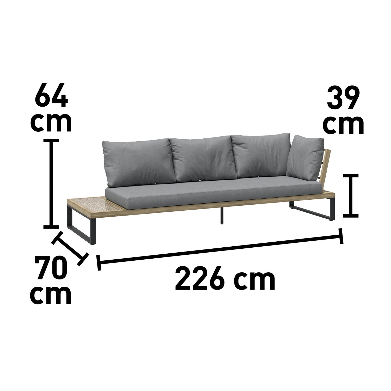 Lounge-Set Calora, 3-teilig, Rattangeflecht grau, mit Maßen. Gartenmöbel für entspanntes Sitzen.